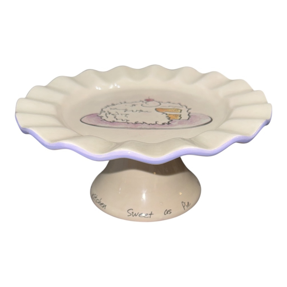 Decorative Ceramic Cake Stand with Scalloped Edge, 8.5 inches Wide, 3.75 inches